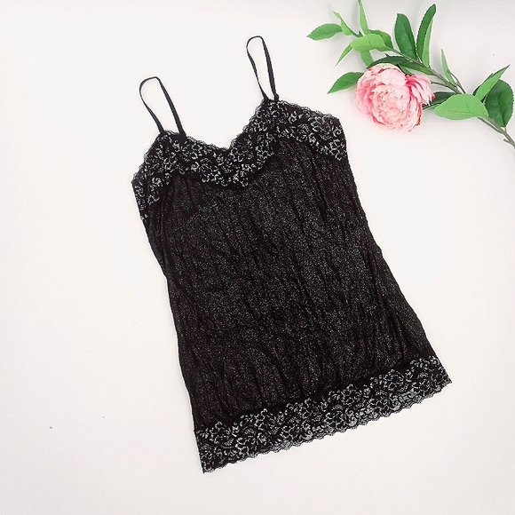 VANITY Y2k Glitter Accented Lace Trim Black Crinkled Stretch Fabric Cami M - Picture 10 of 10